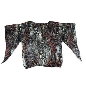 ALBERTO MAKALI WOMENS CASUAL TIE FRONT BLOUSE LARGE ANIMAL PRINT BAT SLEEVE SHEE